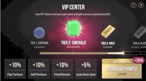 Recording of scrolling through the VIP Center tiers.