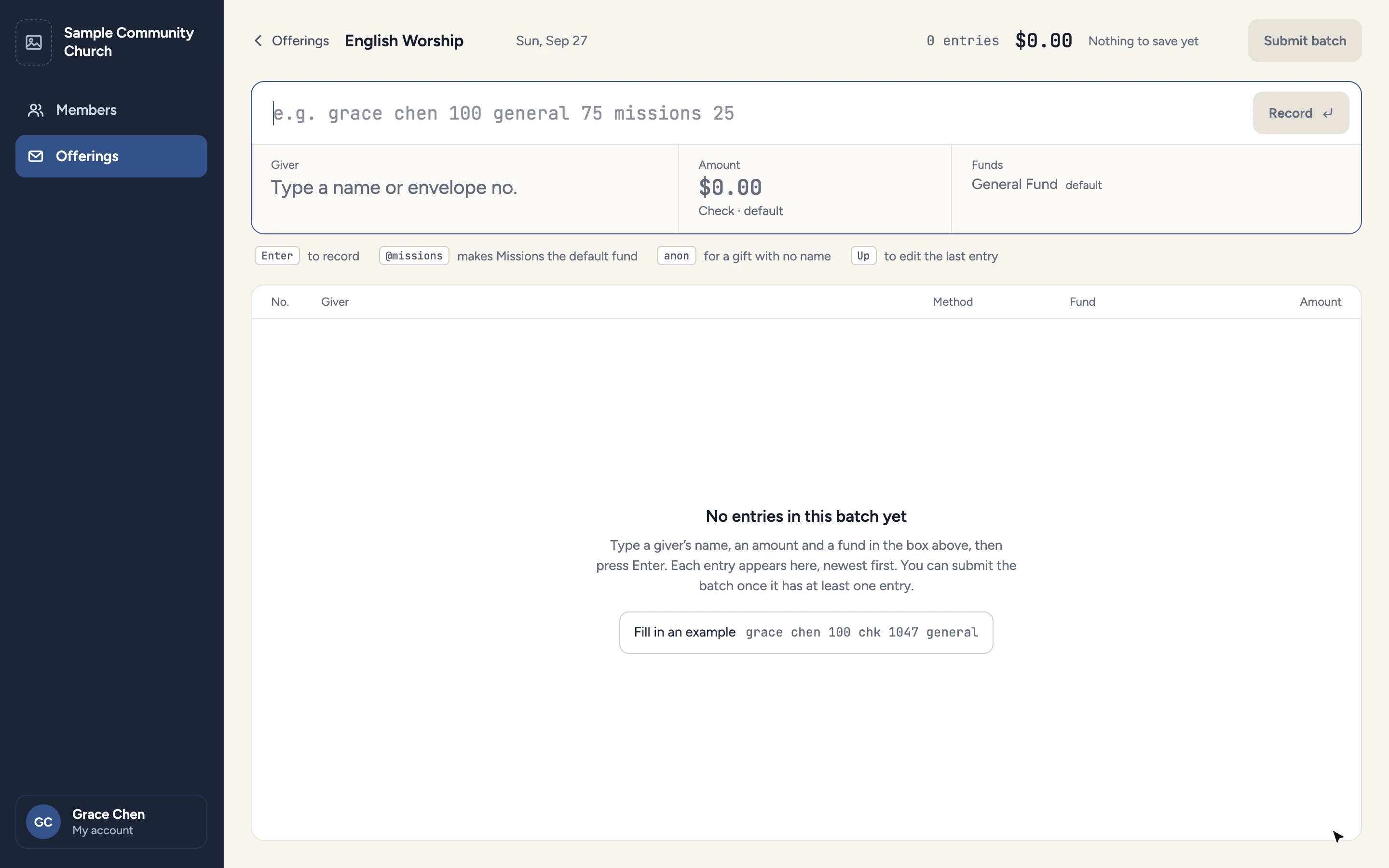 An empty batch with a short explanation of the one-line format and a button to fill in an example.