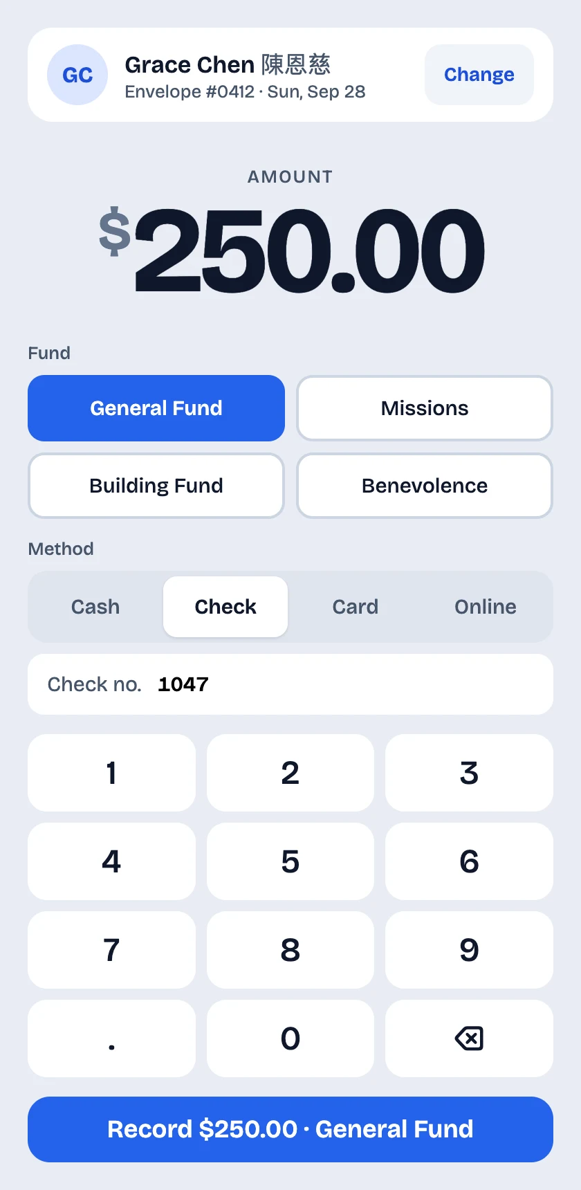 Keypad exploration for a tablet. The member at the top, a large amount, fund and method buttons, and a number pad.
