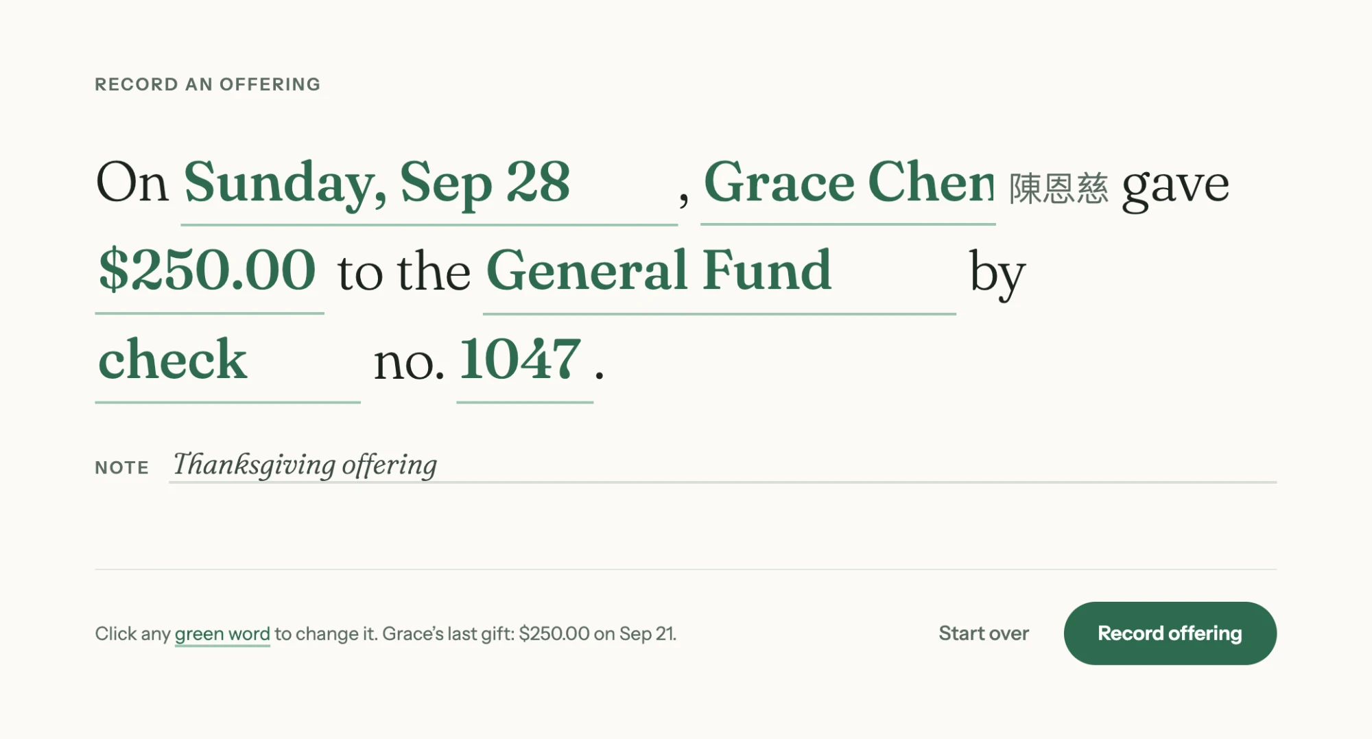 Sentence exploration. On Sunday, Sep 28, Grace Chen gave $250.00 to the General Fund by check no. 1047, with each value an editable green word.
