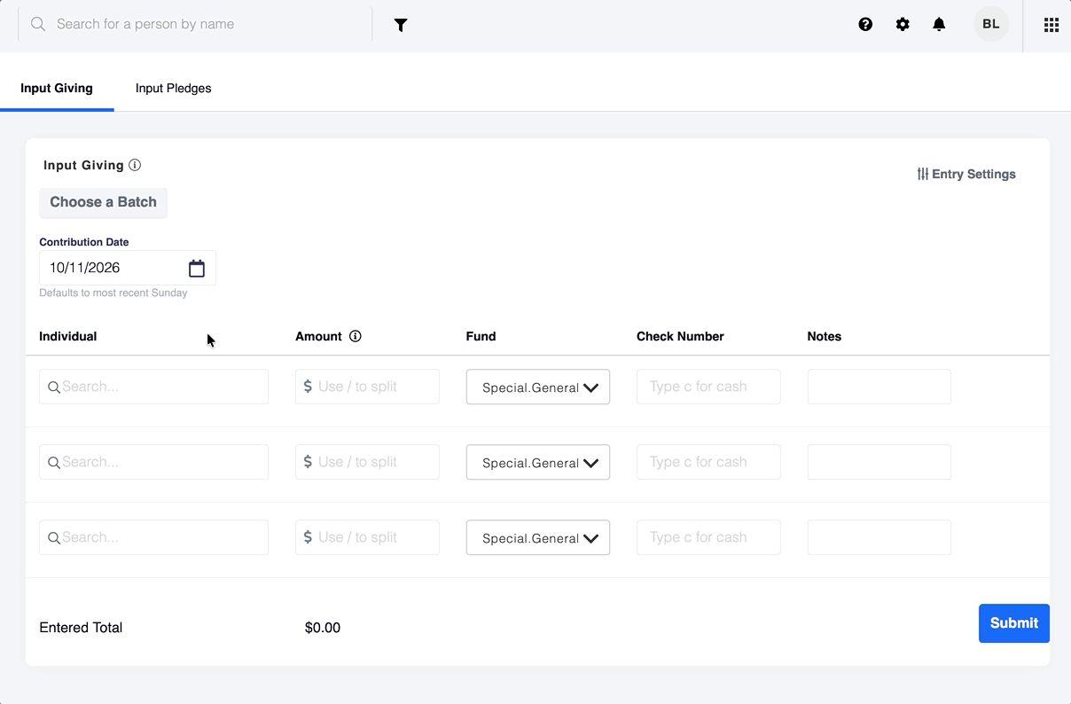 Recording of the old Input Giving screen. Each gift row has a member search, an amount, a fund dropdown, a check number and notes, entered one field at a time with the mouse.