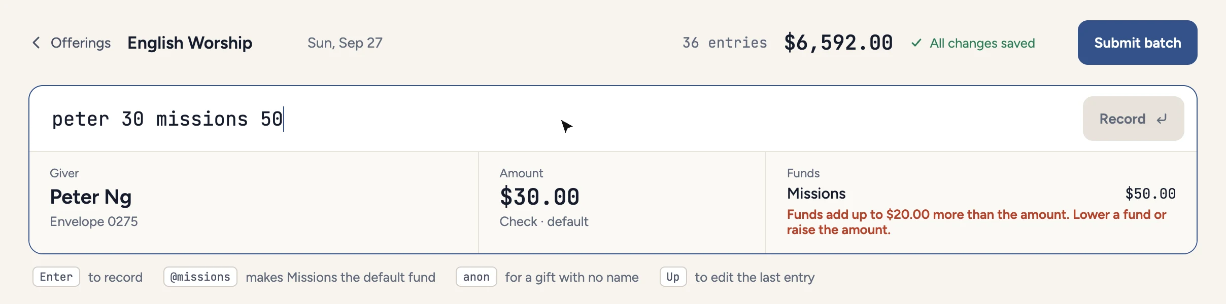 Readback for peter 30 missions 50. The Funds column warns that funds add up to $20 more than the amount.