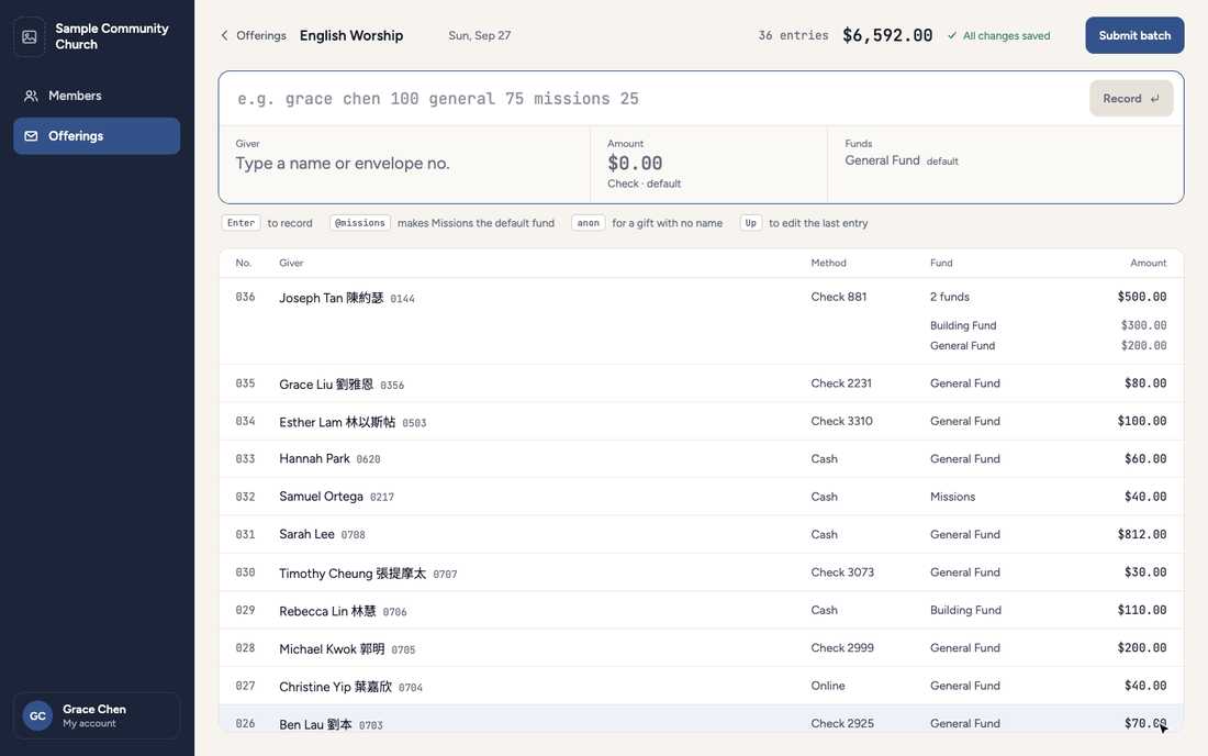 Recording of the Submit batch dialog showing donors, entries, total, and amounts by fund, then the batch being submitted.