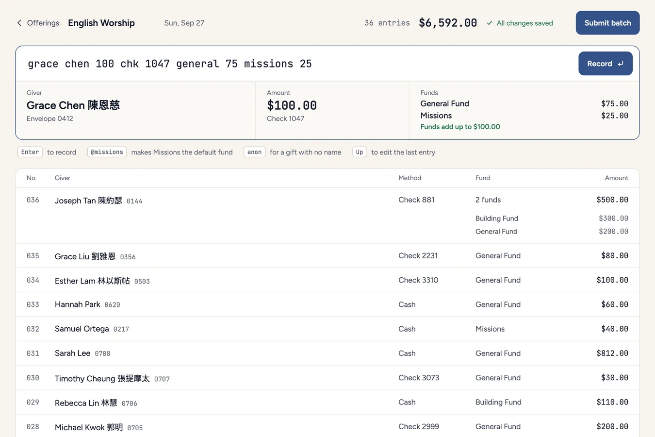 Offering batch entry screen with one typed line read back as giver, amount and funds, above the list of gifts in the batch.