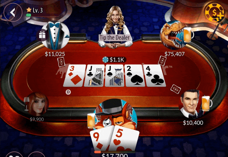 Recording of a winning hand being revealed at the Zynga Poker table.