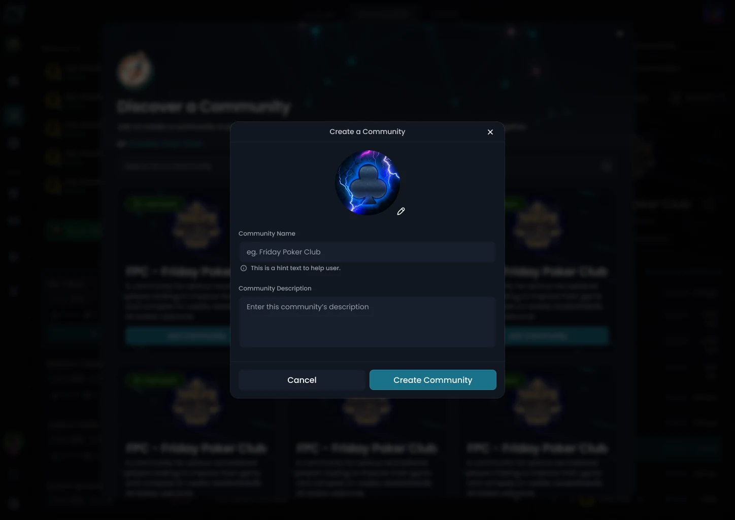 Create a Community dialog with a logo, a name field and a description field.