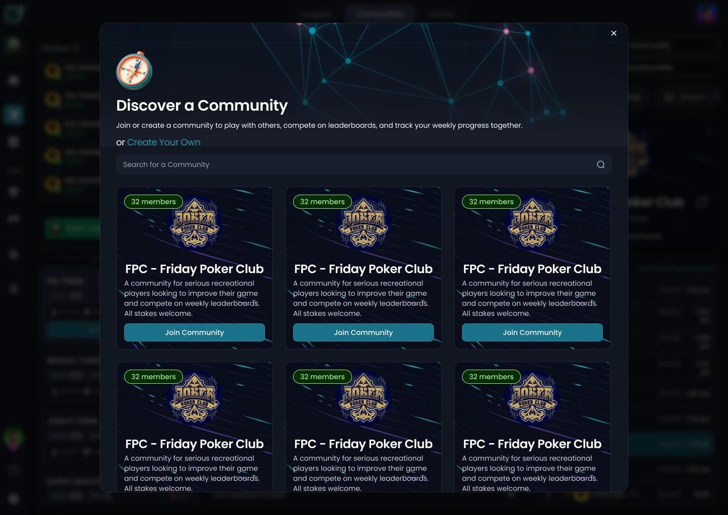 Discover a Community dialog with a search field and a grid of community cards.