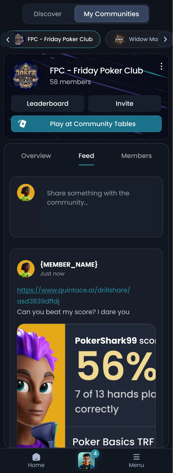 Community feed on mobile, with Overview, Feed and Members tabs.
