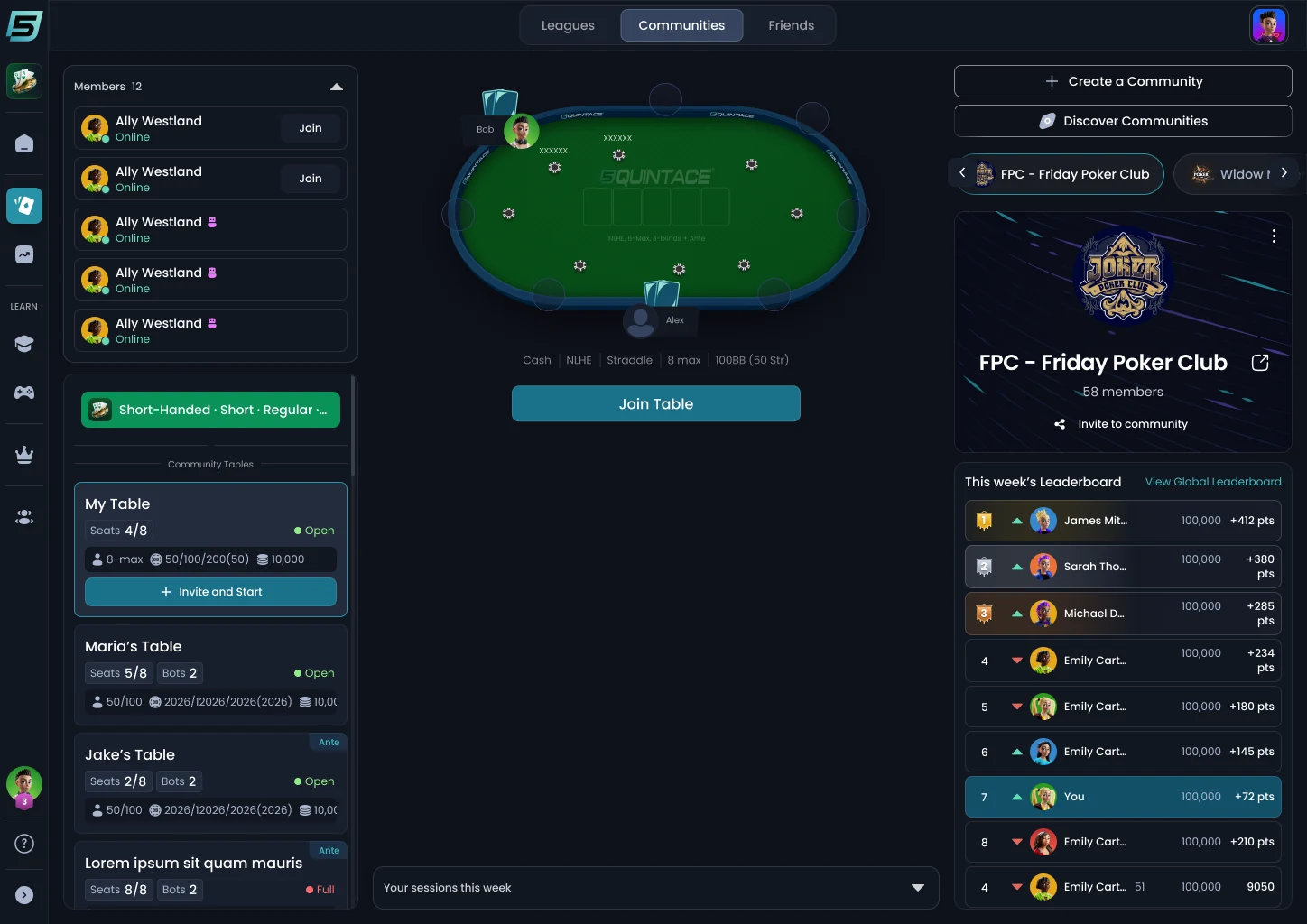 QuintAce Communities lobby with community tables, a live poker table and a weekly leaderboard.