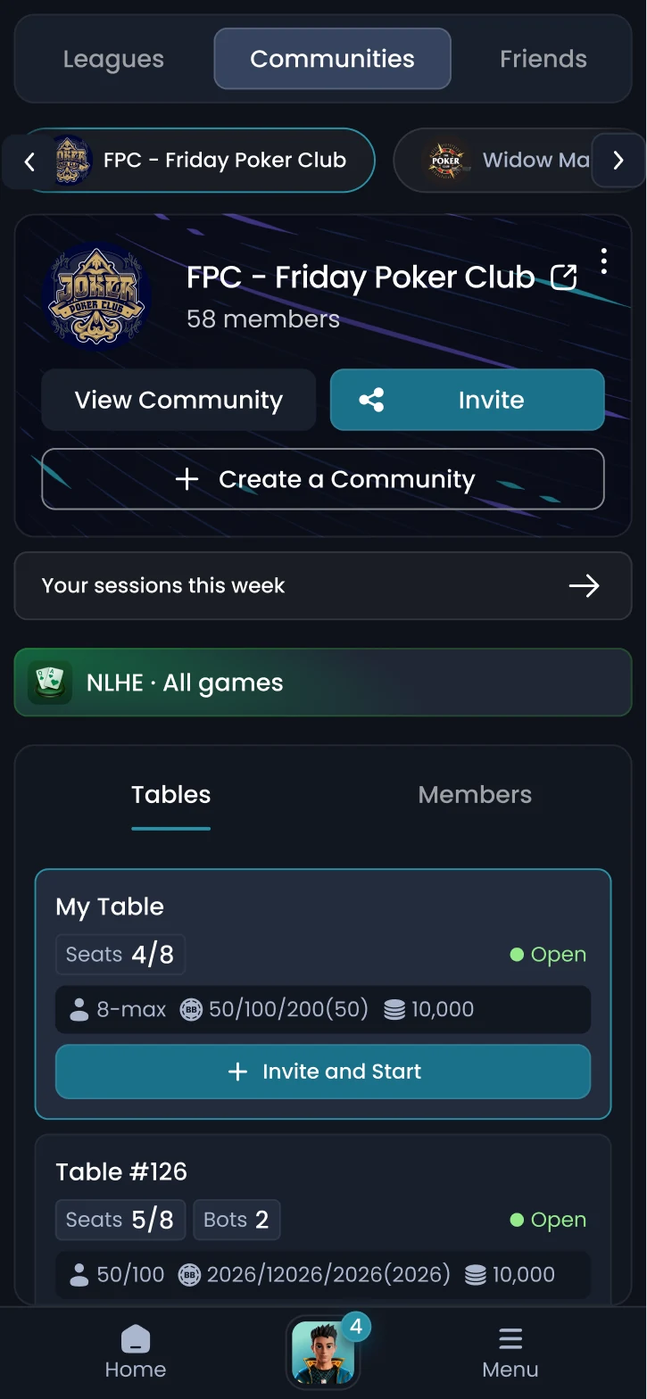 Communities lobby on mobile, with the community card, table list and bottom navigation.
