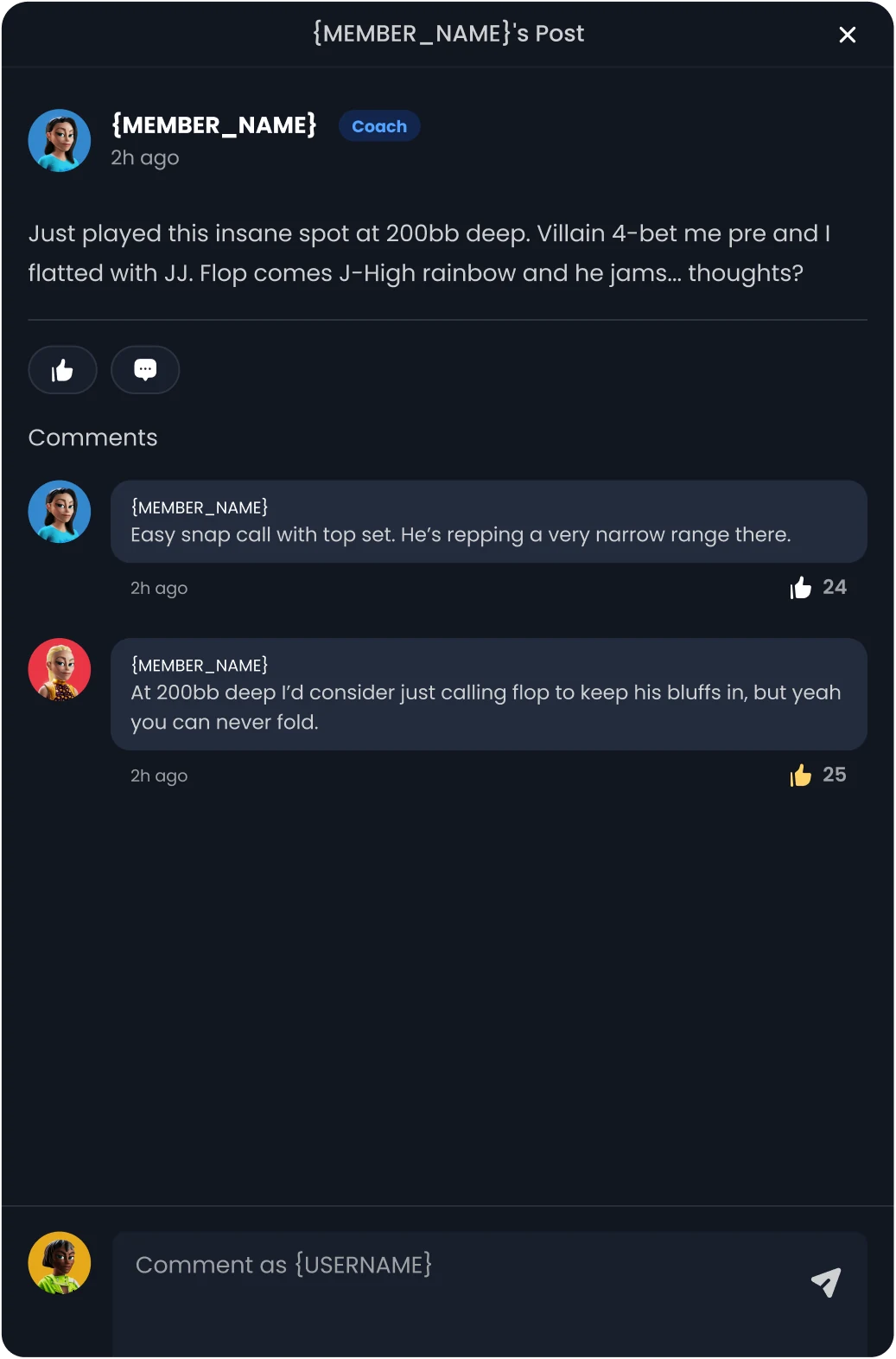 A post opened in a dialog with two comments and a comment field.